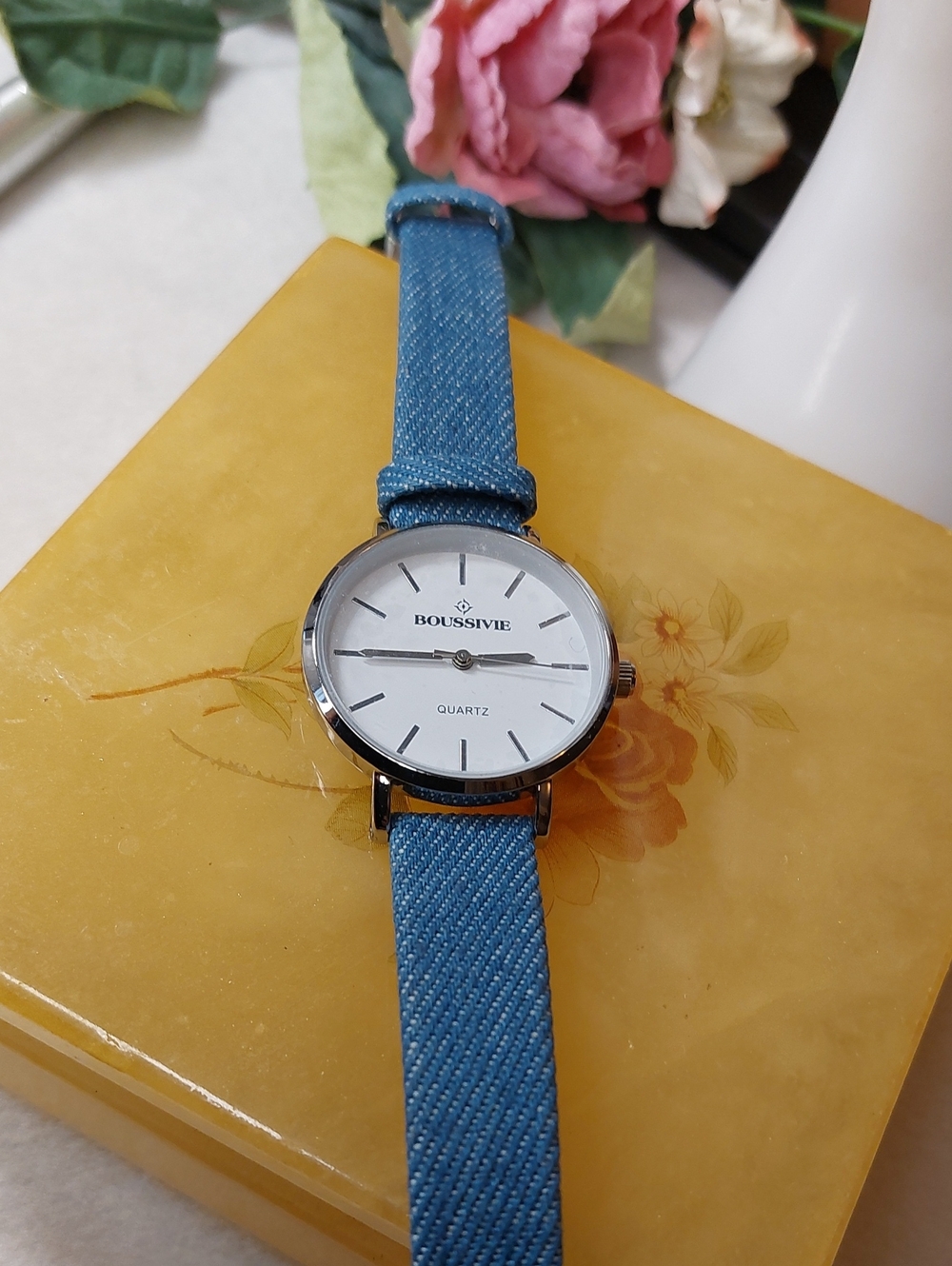 💚5/$25 Boussivie Minimalist Quartz Wristwatch Watch Denim Silvertone Round